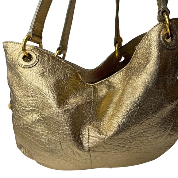 Loyd Maish Metallic Gold Leather Tote Bag With Dual Handles - Picture 2 of 12